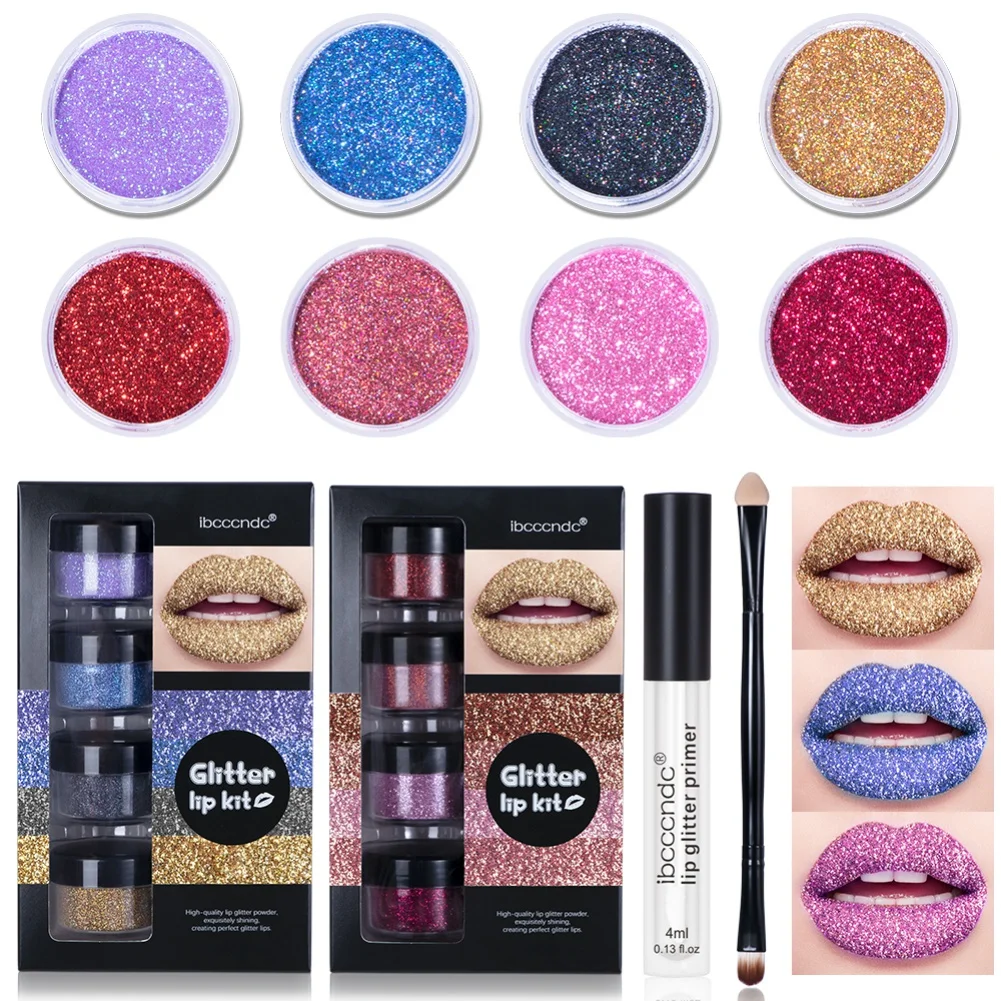 

4 Colors Waterproof Lip Gloss Glitter Powder Easily Apply & Remove Glitter Primer without Smudging Long-lasting Lip Gloss