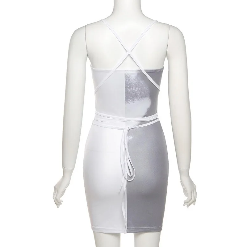 

Fashion Tie Dye Slim Slim High Waist Spaghetti Strap Dress Cross Bandage Halterneck Bag Mini Vestidos Women's Party Club Costume