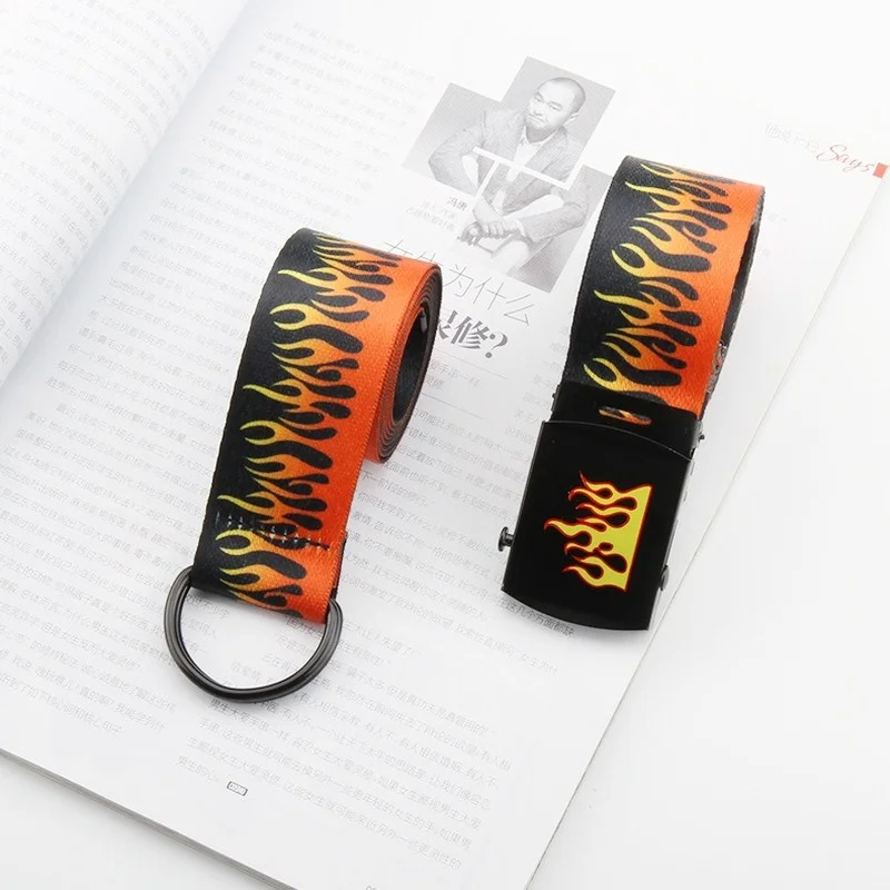 

Hot Sale Harajuku Fashion Hip-hop Korean Men's and Women's Canvas Belt Smooth Buckle Wild Casual Personality Flame Belt