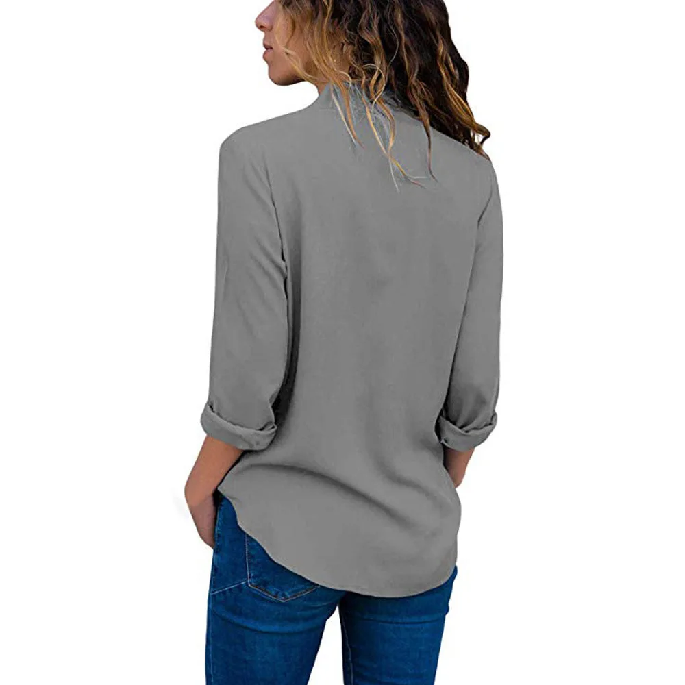 Осенние однотонные серые рубашки для женщин 2019 Новые Нерегулярные Шифоновые