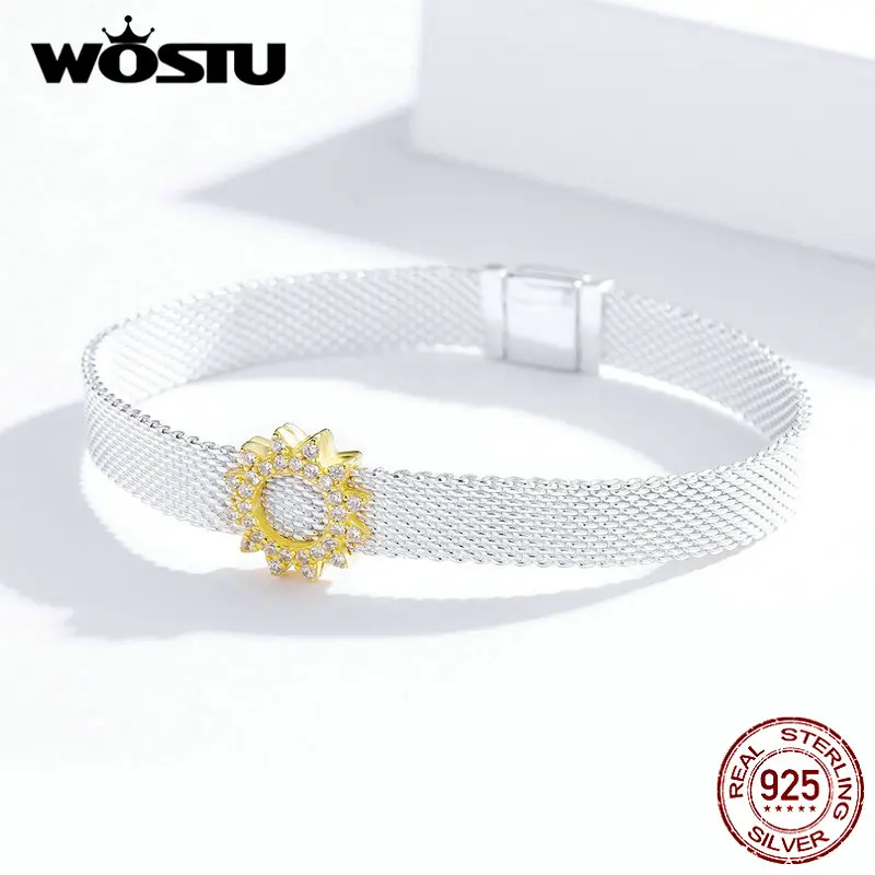 WOSTU 925 стерлингового серебра Подсолнух Солнечный бисер циркон золотой цвет Шарм