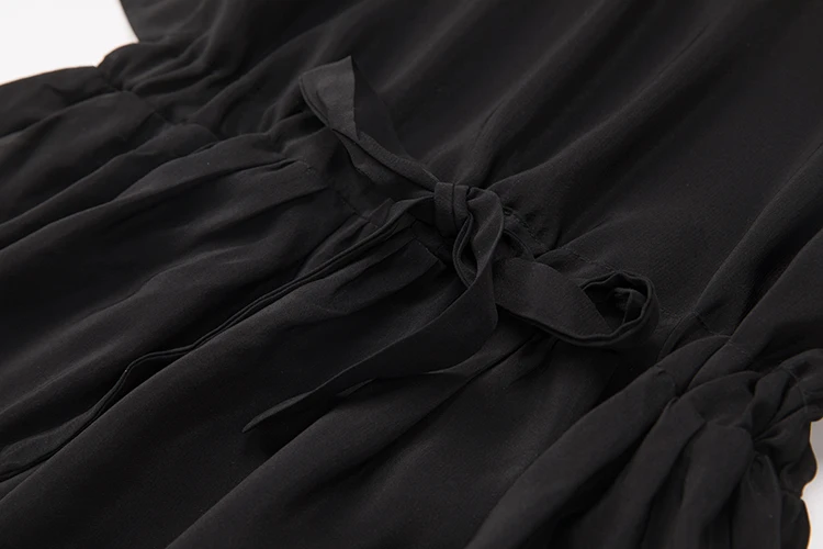 Женское длинное однотонное черное платье из 100% чистого шелка с круглым вырезом и