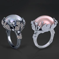 bohemian large grey and pink opal ring mini glass filled glass filled pave flower rings engagement band for women female gift