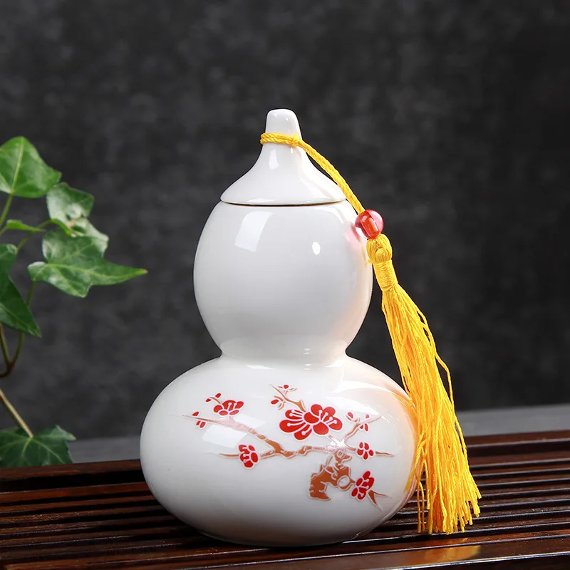 T Wintersweet White Cucurbit Tea Caddy Ceramic Tea Box Gift Tea Leaf Packing Box Coffee Bean Sealed Canister Pills Face Powder Storage Jar - Цвет: T Wintersweet White
