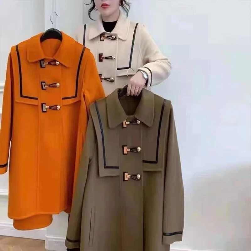 High Quality 2021 Military style New Double Faced Real Wool Long Jacket Vintage Lapel Overcoat Women's Winter Coat