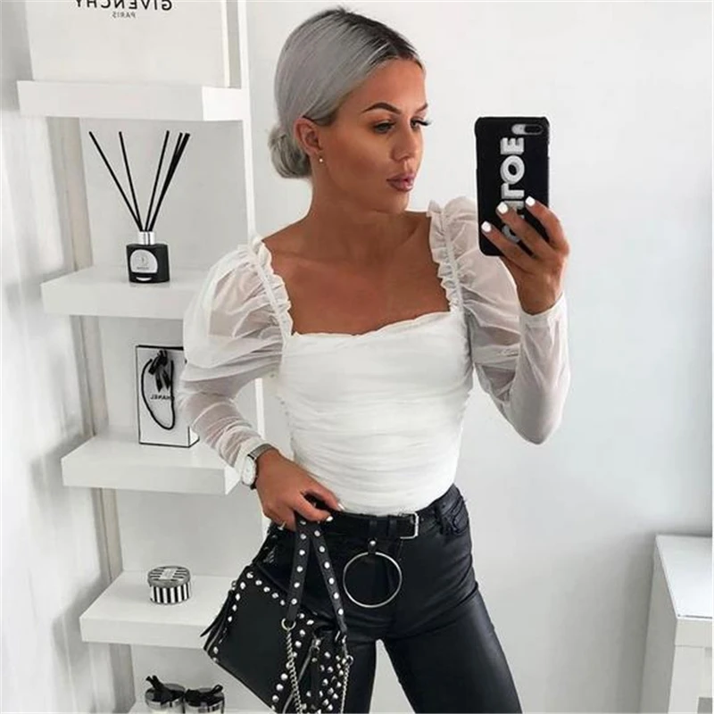 Осенняя винтажная рубашка с квадратным вырезом женская футболка длинными