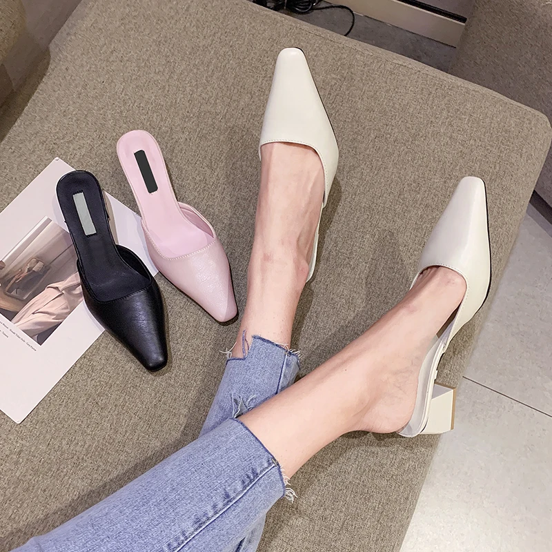 

Shoes Women Cover Toe Shallow Slippers Casual Female Mule Slides Beige Heeled Sandals Pantofle Square heel Loafers Med Soft Lux