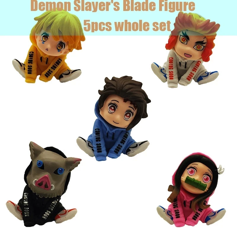 

2021 New Anime 5pcs Sitting Posture Demon Slayer Blade Nidou Zizaomen Tanjiro My Wife Zenizu Doll Figure Model Ornaments