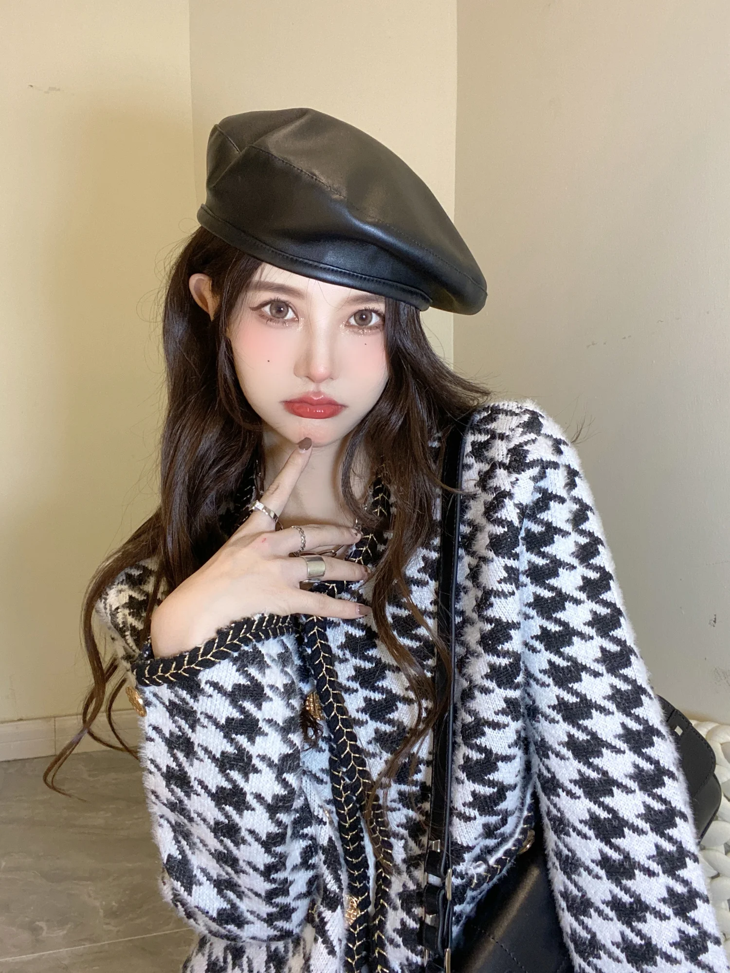 Женское свободное короткое пальто с длинным рукавом в стиле гусиные лапки