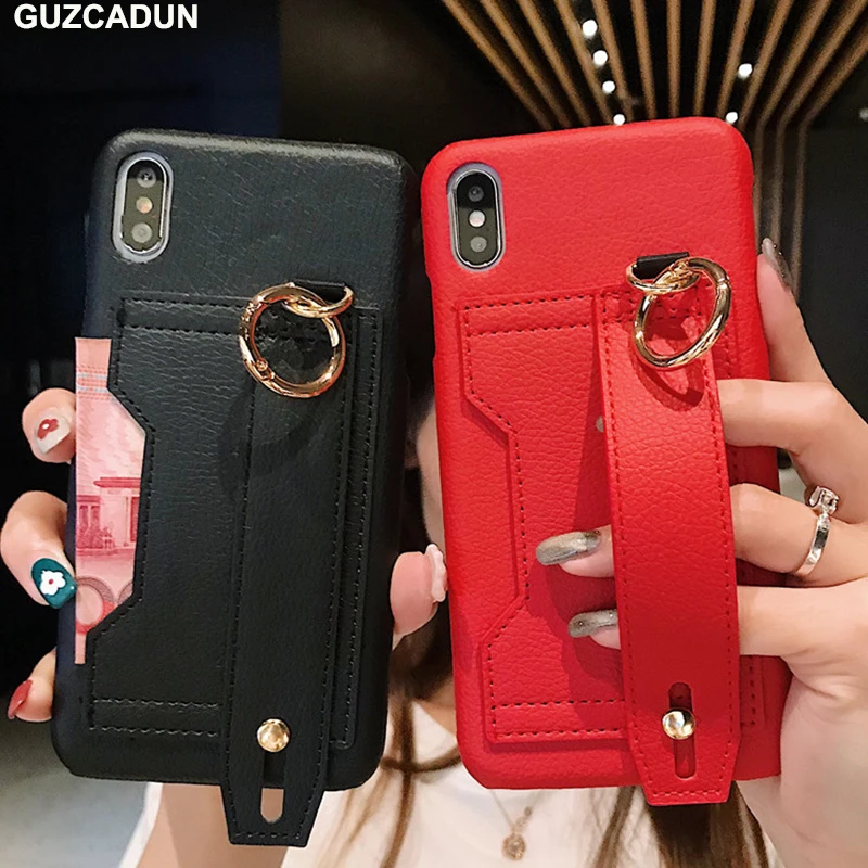 Однотонный чехол с ремешком на запястье для iPhone XS Max, кожаный чехол, жесткая задняя крышка, Coque для iPhone 8 Plus, 6 S, 6, 7 Plus, X, XR, Fundas Capa