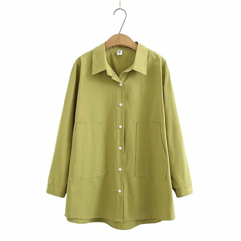 

Plus size Solid green white cotton women long shirts 2021 new spring autumn casual ladies blouse female tops oversize