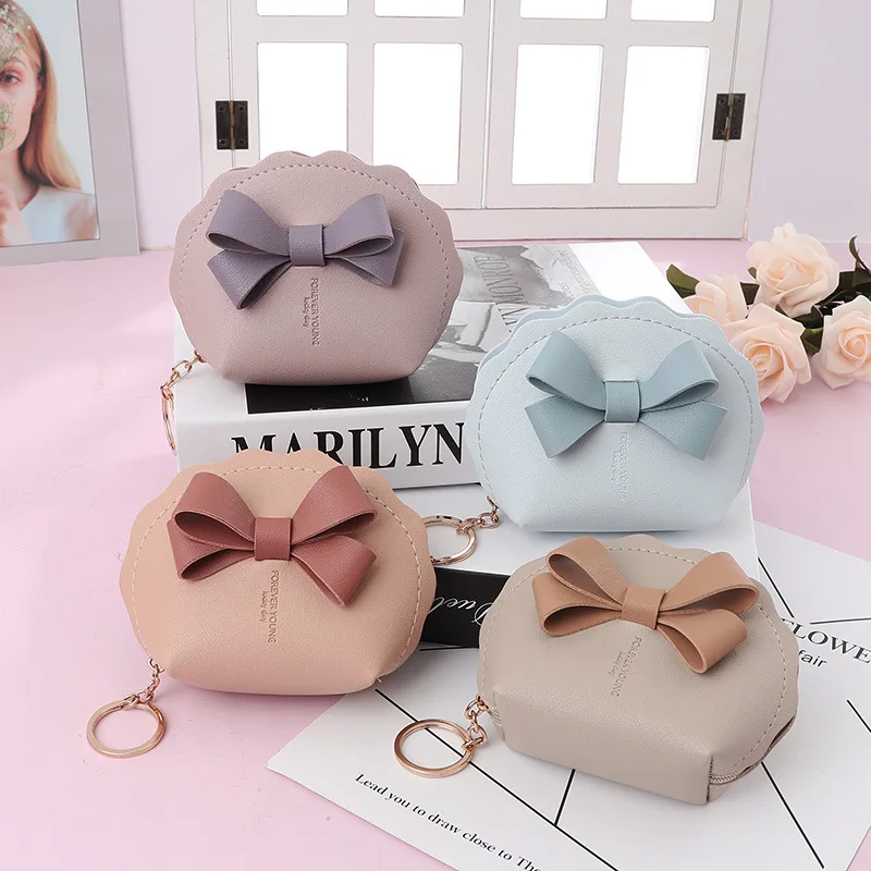 

New Style College Bow Pu Mini Wallet Key Chain Multi-Function Portable Coin Storage Bag Keychain Zipper Zero Wallet Keyring