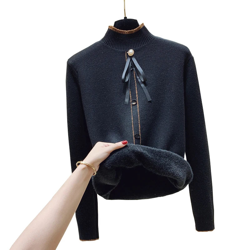 

2021 Autumn Winter Warm Plus Velvet Thickening Knitted Sweater Korean Slim Half High Collar Fleece Sweater FC1807