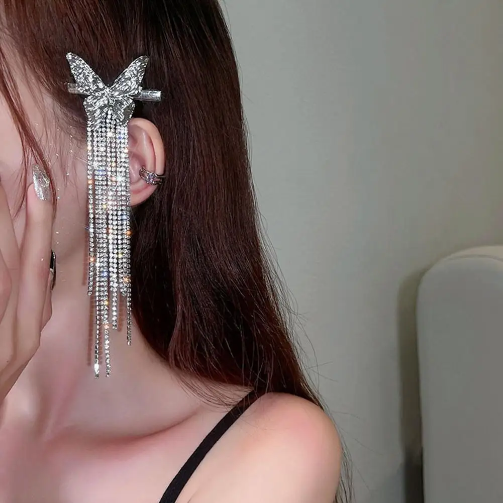 

Women Elegant Silver Butterfly Shining Rhinestones Tassel Hair Clips Sweet Side Hair Decorate Hairpins Fashion Hair Accessories