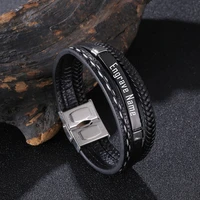 casual customizable leather bracelets for men women name text logo engraving stainless steel personalized bangles jewelry
