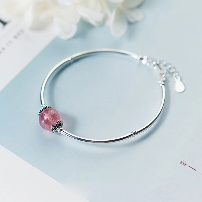 Женский браслет из серебра 100% пробы с кристаллом в виде натуральной розовой