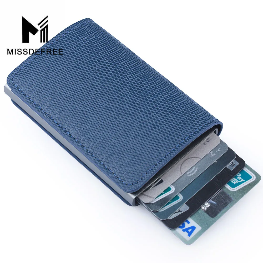 Алюминий бумажник с заднего кармана ID Card Holder RFID Блокировка мини-тонкий металлический кошелек автоматические всплывающие Кредитная карта монет кошелек