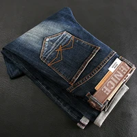 european vintage fashion men jeans retro blue elastic slim ripped jeans men korean style embroidery designer casual denim pants