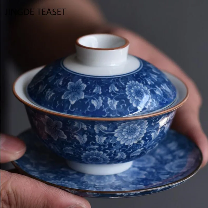 

Retro Blue and White Porcelain Gaiwan Ceramic Teacup handmade Tea tureen Teaware Accessories Drinkware Personal Cup 150ml