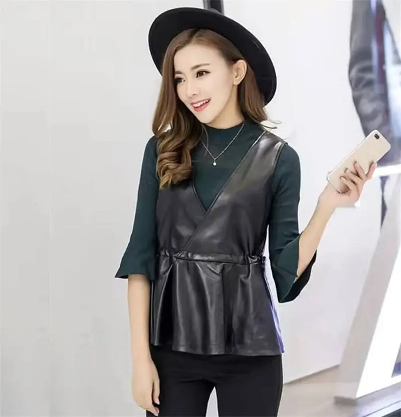

PU Leather Vest Jacket Women Wear All-Match Waistcoat Plus Size Slim Short Female Sleeveless Drawstring V-Neck Outer Tops zh257