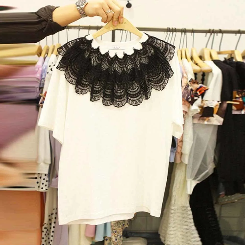 

Lace Patch Short Sleeve Tshirt Woman 2022 Spring Summer New Lace Stitching Round Neck Short Sleeve T-shirt Casual Tee Tops