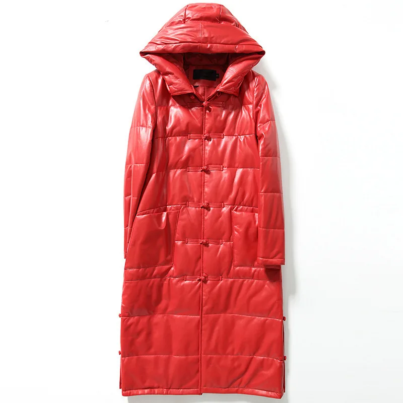 

100% Real Leather Coat Women Winter Warm Top Quality Long Sheepskin Jacket Hooded Outwear Red Jaqueta Feminina Streetwear