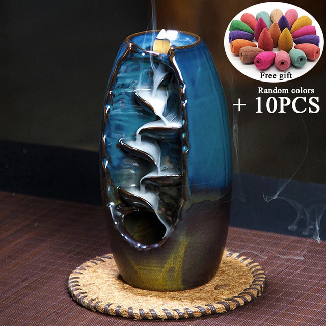 Burner with 10PCS Горный речной ручной ладан держатель керамический обратный поток водопад Подставка под курения курильница подарок матери домашний декор - Цвет: Burner with 10PCS