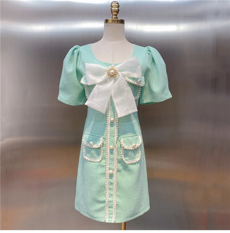 

Женское трикотажное платье с бантом и жемчужинами, элегантное однотонное платье с короткими рукавами, лето