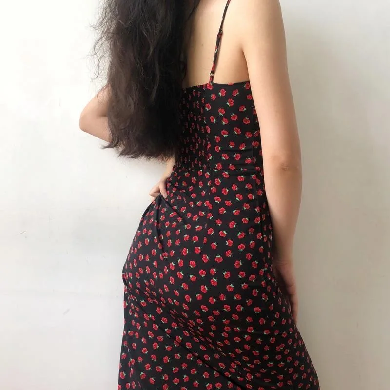 

2021 Vintage chiffon floral boho dress women Sexy backless midi dress Summer elegant black beach party dress korean Dresses