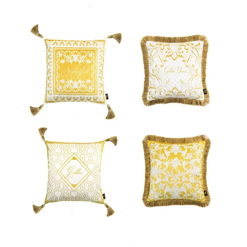 

Gold Throw Pillow Cushion Cover Classic Baroque Venetian Random Patterns Decorative Pillow Case With Tassel 43x43cm Square