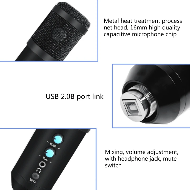 

USB Plug & Play Computer Condenser Microphone Professional Studios PC Mic with Tripod for Gaming Streaming Podcast Black