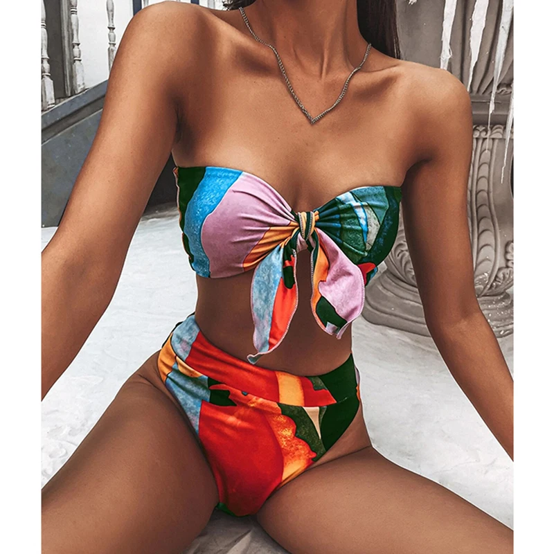 

Mossha Brazilian high waist bikini 2021 Bandeau knot swimsuit Colorblock print swimwear women Sexy push bathing suit Beachwear