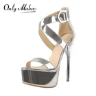Onlymaker Для женщин открытый носок на высоком каблуке ботинки на платформе цвет серебристый, золотой крест-накрест Тонкий Высокий каблук шпилька сандалии под платье, для вечеринки
