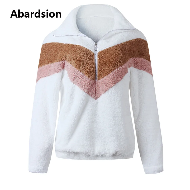 Abardsion/осень-зима, теплые меховые толстовки, верхняя одежда, Женский пуловер, Повседневный, пэчворк, на молнии, с длинными рукавами, плюшевая Толстовка