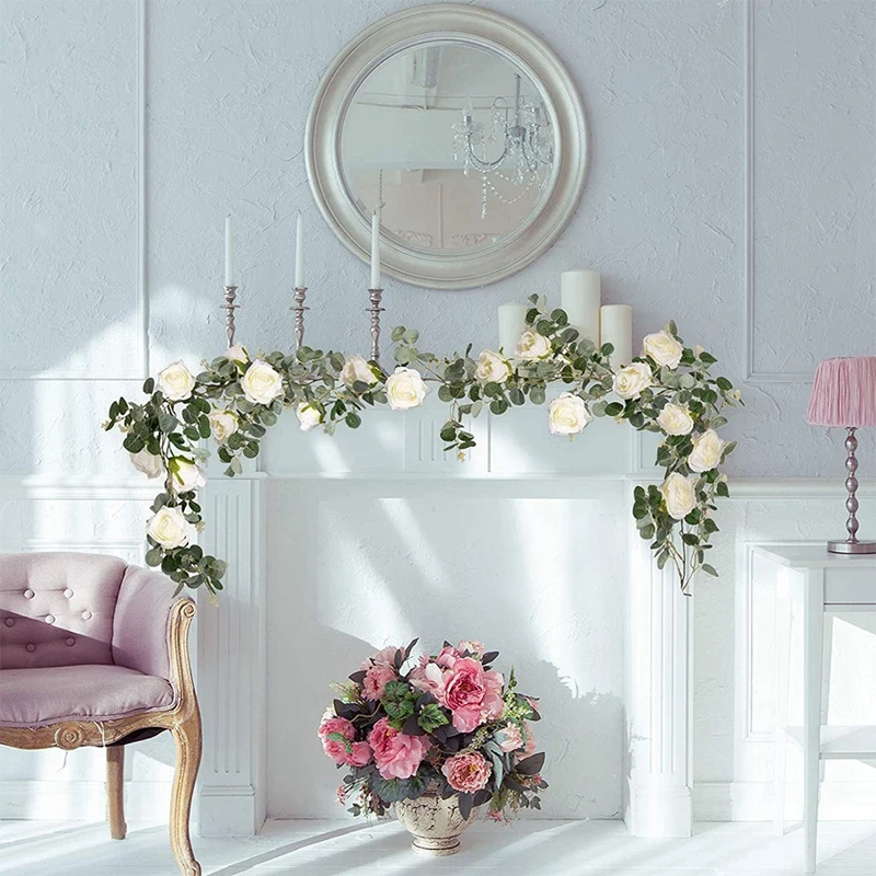 

Artificial Dollar Eucalyptus Garland with Roses,Faux Eucalyptus Leaves Vine Hanging for Indoor&Outdoor Wall Decor