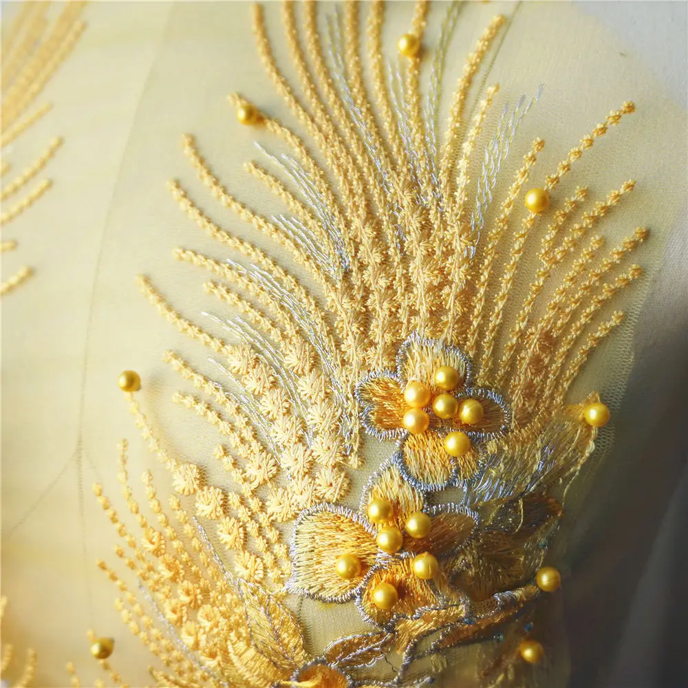 Желтая кружевная ткань цветок кисточки бусины стразы вышитые платья Аппликации
