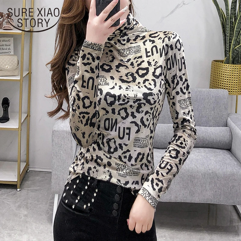 

Leopard Print Blouse Autumn Temperament Turtleneck European 2021 Retro Long Sleeve Fashion Joker Stretch Shirt Lady Tops 7701 50