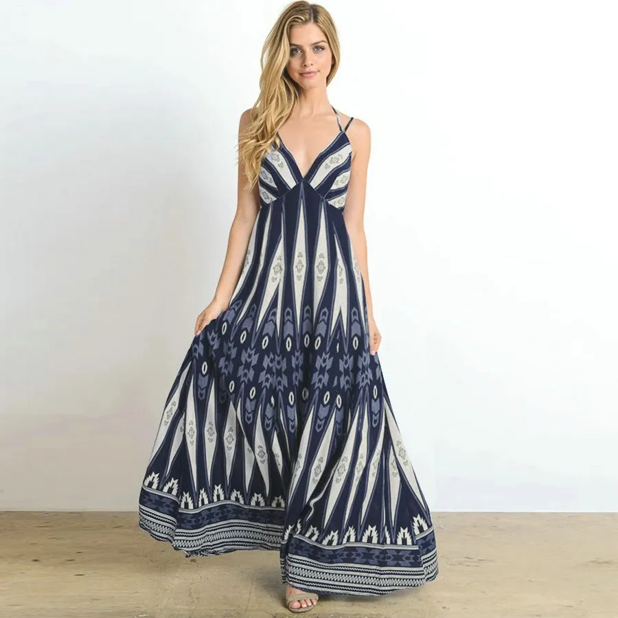 

Summer Dress 2021 Sleeveless Print Womens Long Dress Sexy V-neck Retro Backless Maxi Dress Sling Print Beach Holiday Dress