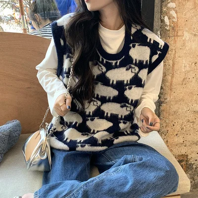 

Свитер, жилет, женский осенне-зимний плюшевый свитер с принтом маленькой Овцы 2021