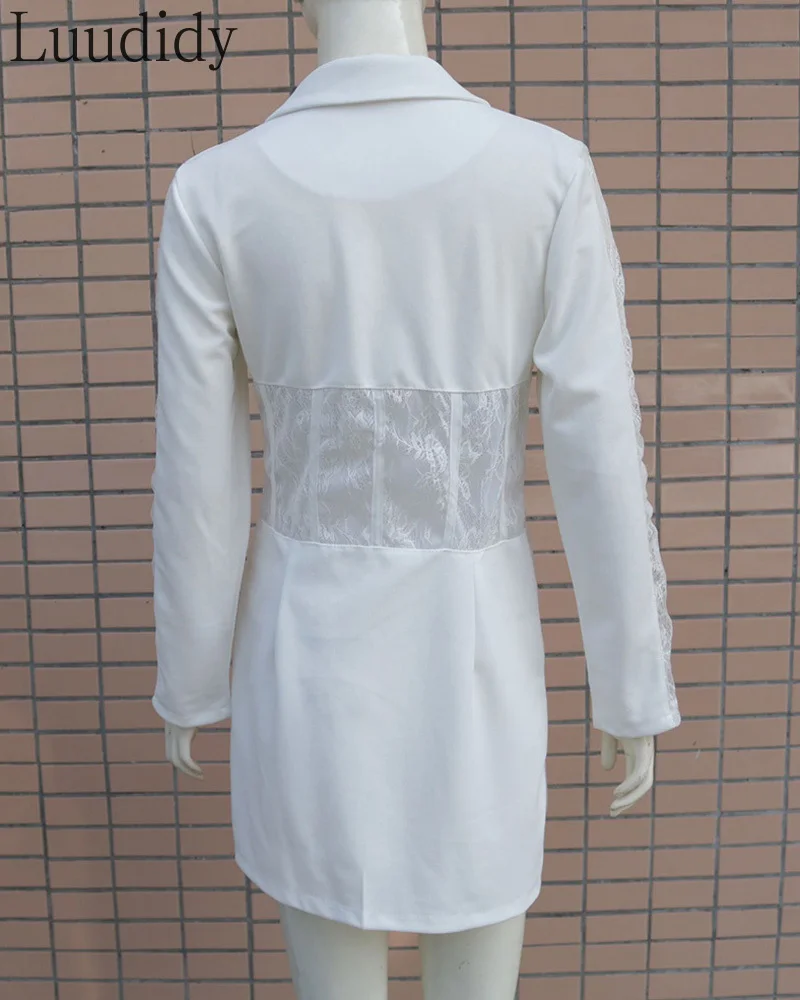 

OL Style Lady Double Breasted Design Notched Collar Long Sleeve Lace Patchwork Slim A-Line Dress