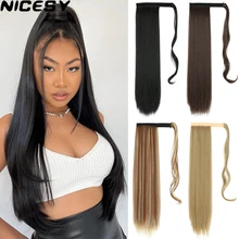 Synthetic Long Straight Ponytail Wrap Around Clip in Hair Extensions Natural Hairpiece Fiber Black Blonde Fake Hair Pony Tail