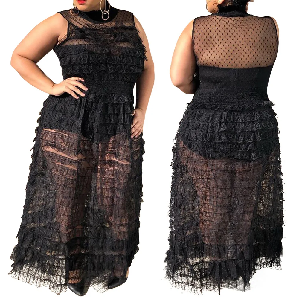 

Pure Color Women Plus Size Mesh Dresses INS Hottest Turtleneck Sleeveless Backless A-line See-through Cascading Ruffles Dress
