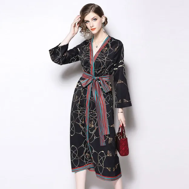 Fashion Woman Elegant Printing Acetate Satin Dress Ladies Belt Long Sleeve V Neck Retro Flora Midi Dress 2022