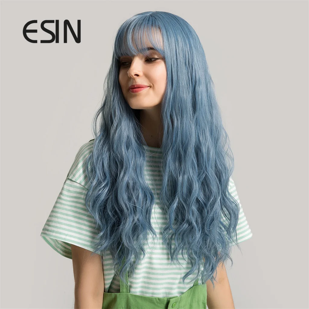 ESIN Зеленые Синие длинные натуральные волнистые парики с челкой для женщин