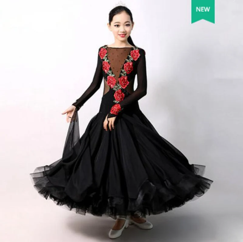 Стандартный бальный зал танцевальное платье es дети расширенный черный цвет