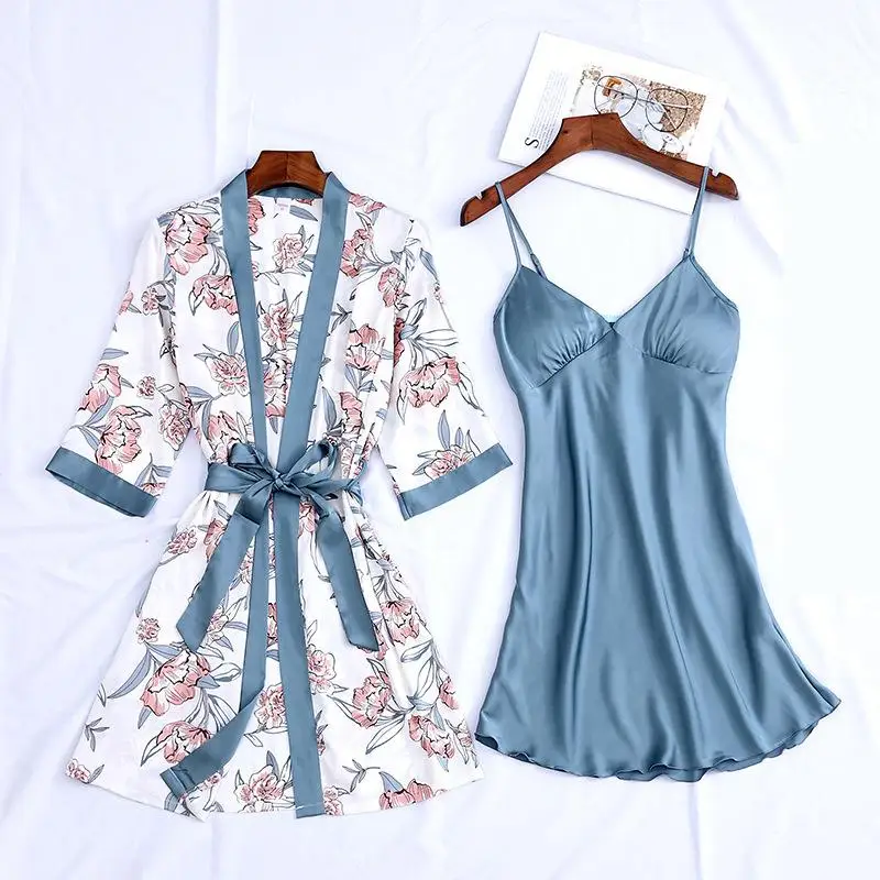 

Floral Printed 2PCS Robe Set Half Sleeve Kimono Gown Satin Bathrobe Fresh Waistband Pyjamas Suits Intimate Strap Nighty Homewear
