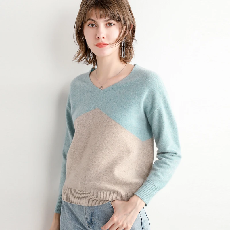 

100% Pure Wool Sweater Women's V-neck Stitching Pullover Fashion Casual Knitted Tops 2021 Autumn and Winter New Style Hot Sale