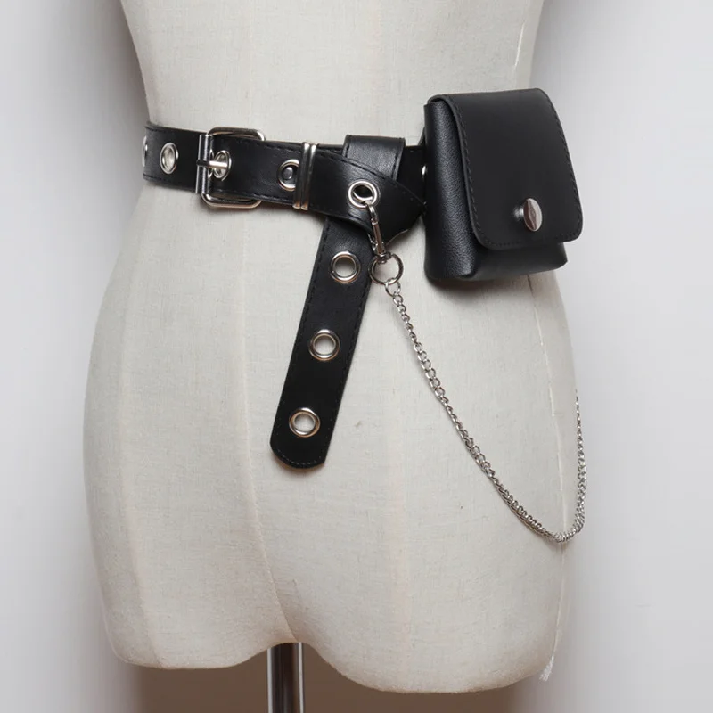 

New Chain Small Bag Belts For Women Jean Punk Silver Pin Buckle Strap Belt Shoulder Bag Phone Pouch Waist Bags Hollow Rivet Girl