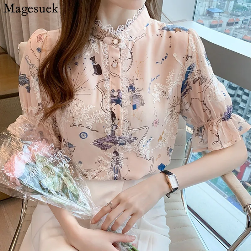 

Summer Floral Lace Sweet Women Blouse Elegant Stand Collar Short Sleeve Chiffon Women's Shirt Korean Loose Blouses Tops 15212