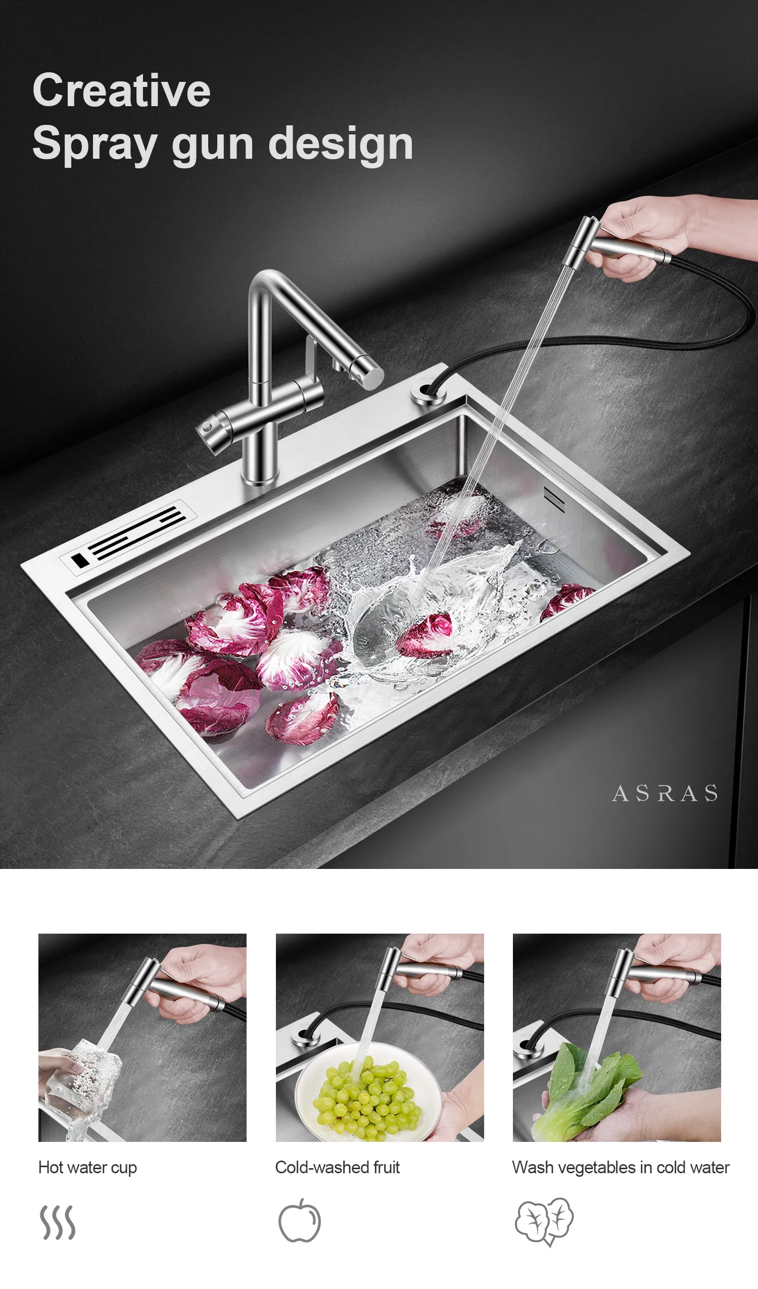 

ASRAS-3063 304 stainless steel faucet cold and hot kitchen tap filter water 4-in-1 with sprayer